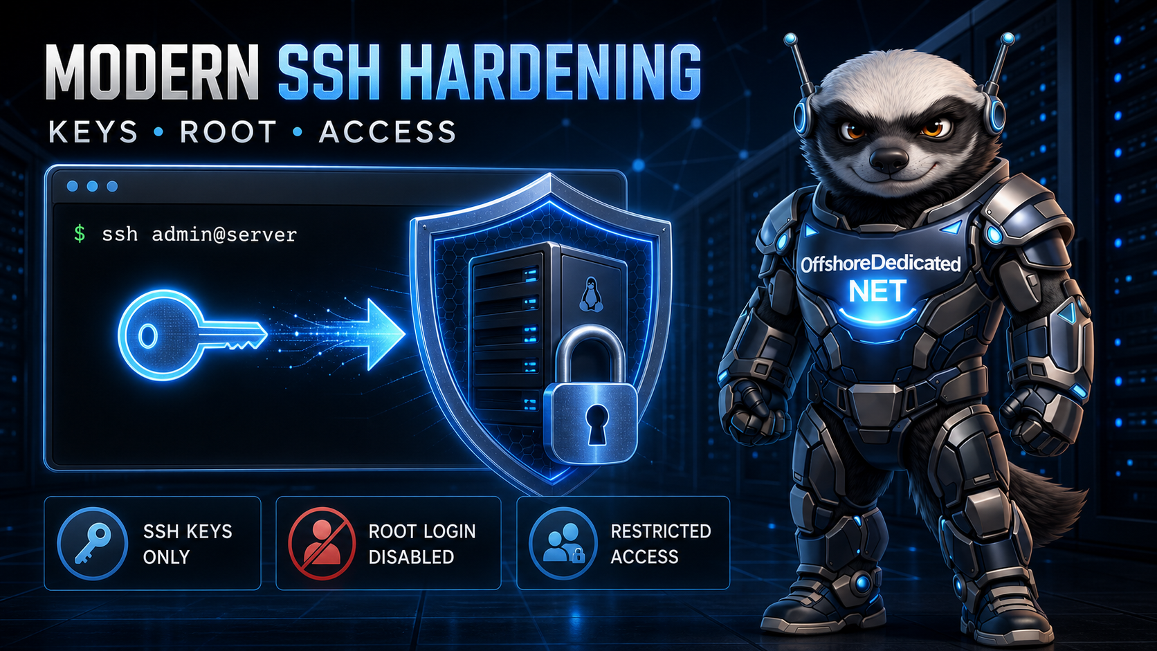 Modern SSH Hardening for Linux Servers Armored Honey Badger guarding a hardened Linux SSH server