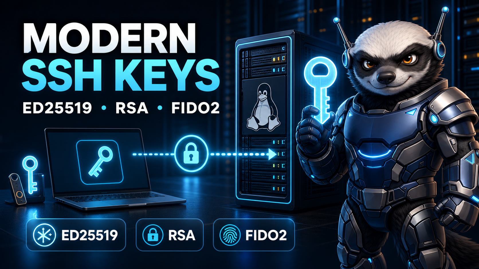 Modern SSH Keys Explained OffshoreDedicated.NET Honey Badger explaining Ed25519, RSA and FIDO2 SSH keys beside a secured Linux server