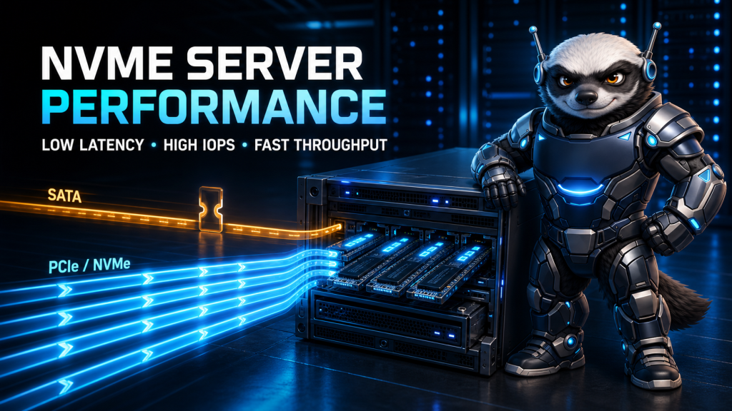 OffshoreDedicated.NET Honey Badger beside an NVMe server illustrating low latency, high IOPS, and fast throughput
