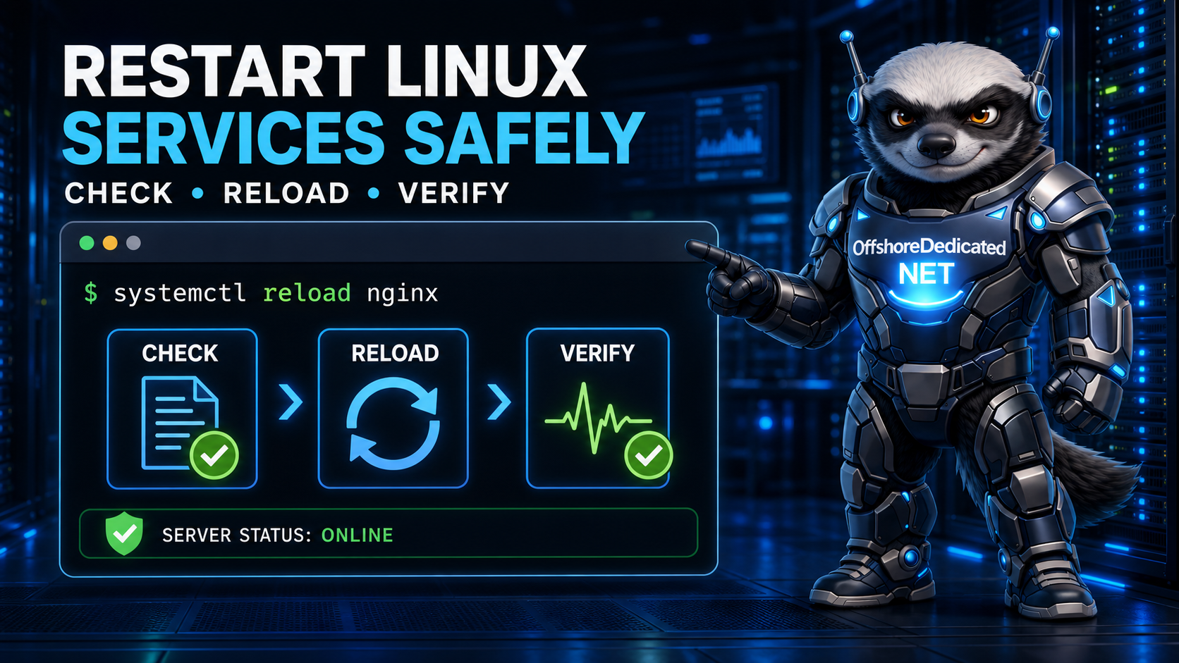 How to Safely Restart Linux Services Safe Linux service restart workflow showing check, reload, and verify