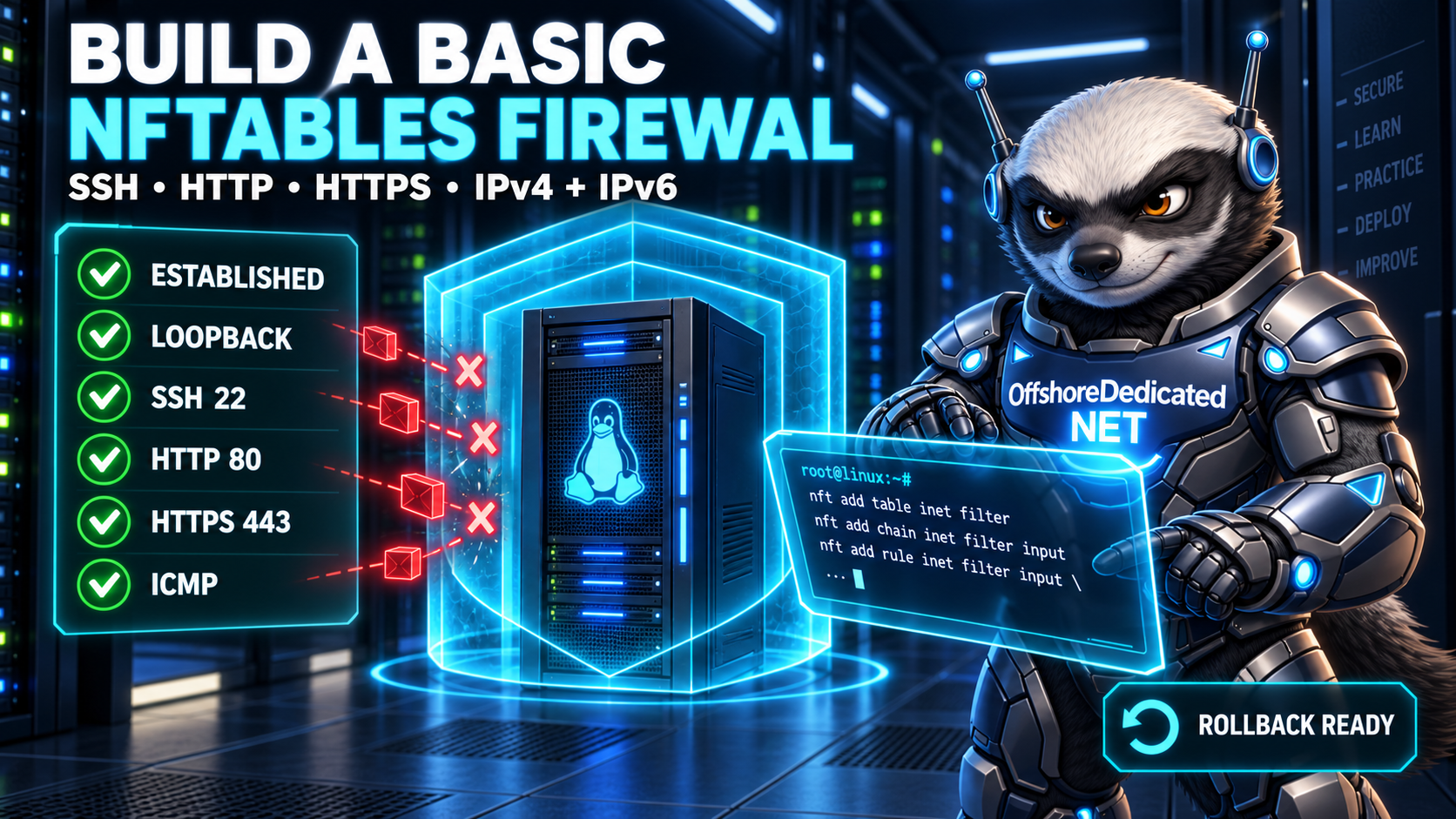 How to Set Up a Basic nftables Firewall OffshoreDedicated.NET Honey Badger configuring a basic nftables firewall for SSH, HTTP, HTTPS, IPv4 and IPv6