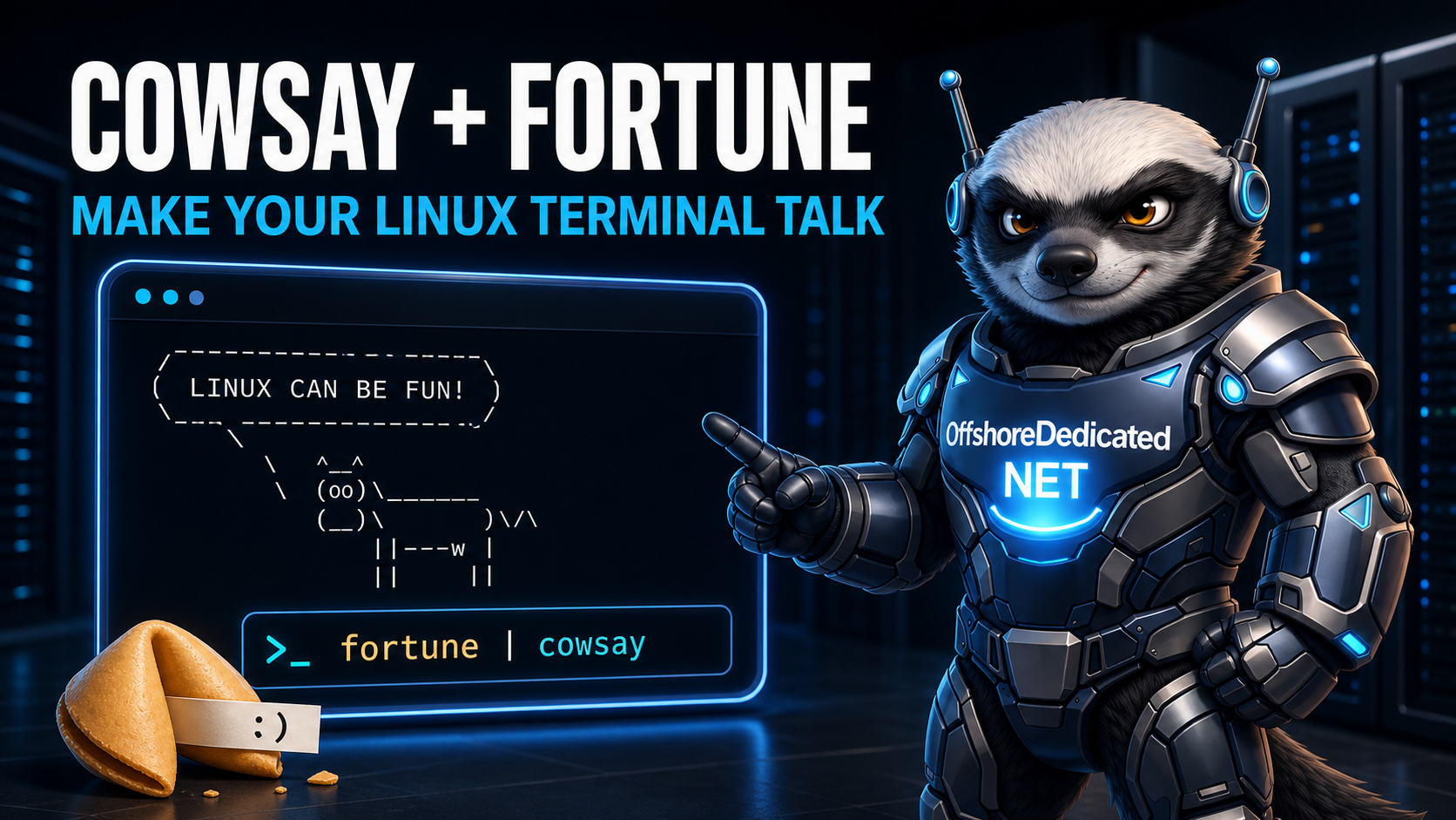 cowsay and fortune Commands for Linux OffshoreDedicated.NET Honey Badger demonstrating the cowsay and fortune commands in a Linux terminal