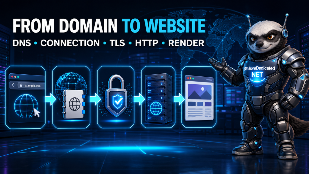 OffshoreDedicated.NET Honey Badger illustrating the journey from a domain name through DNS, TLS and a web server to a browser