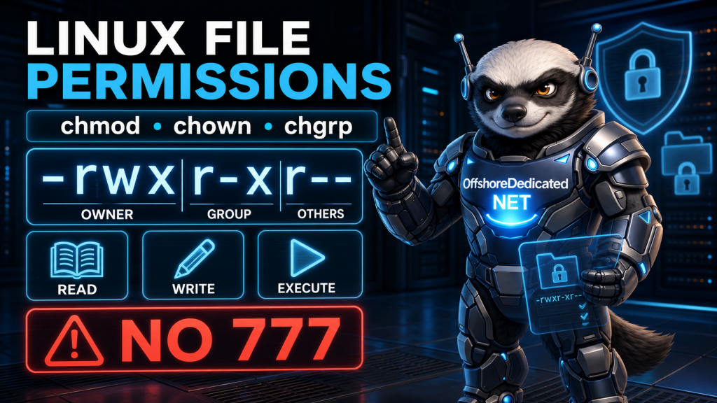 OffshoreDedicated.NET Honey Badger explaining Linux file permissions, chmod, chown and chgrp with a warning against permission 777