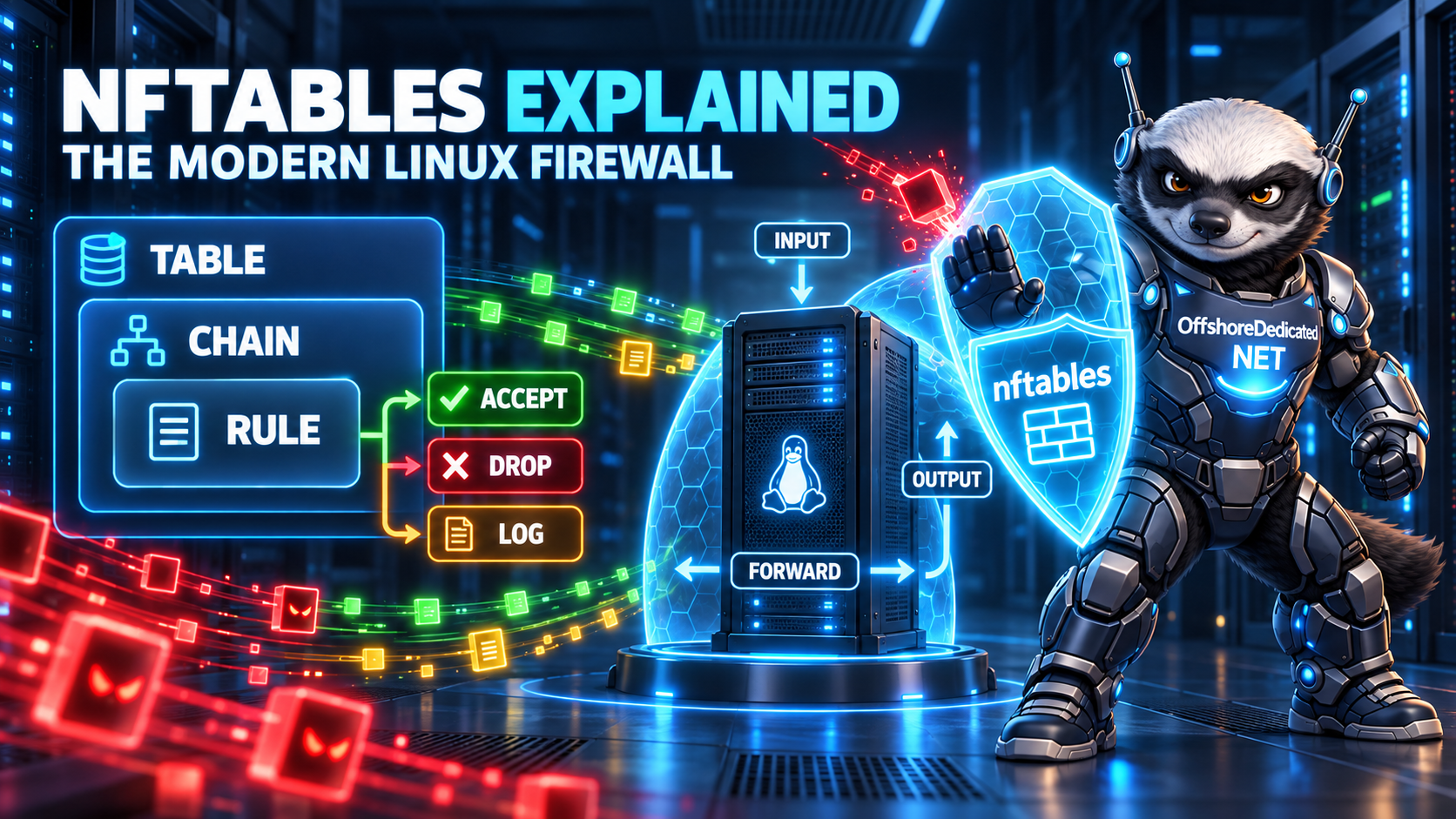 nftables Explained: The Modern Linux Firewall OffshoreDedicated.NET Honey Badger protecting a Linux server while explaining nftables tables, chains, rules and packet verdicts
